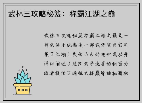 武林三攻略秘笈：称霸江湖之巅